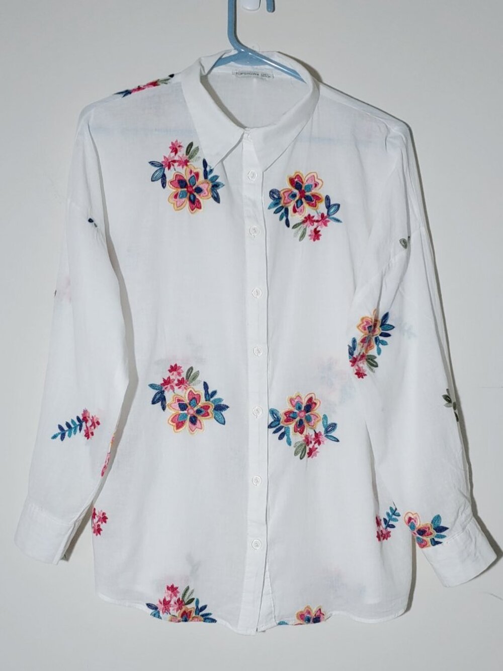 TopShow All over embroidered white Button up Long Sleeve Shirt Sz L - Picture 1 of 4